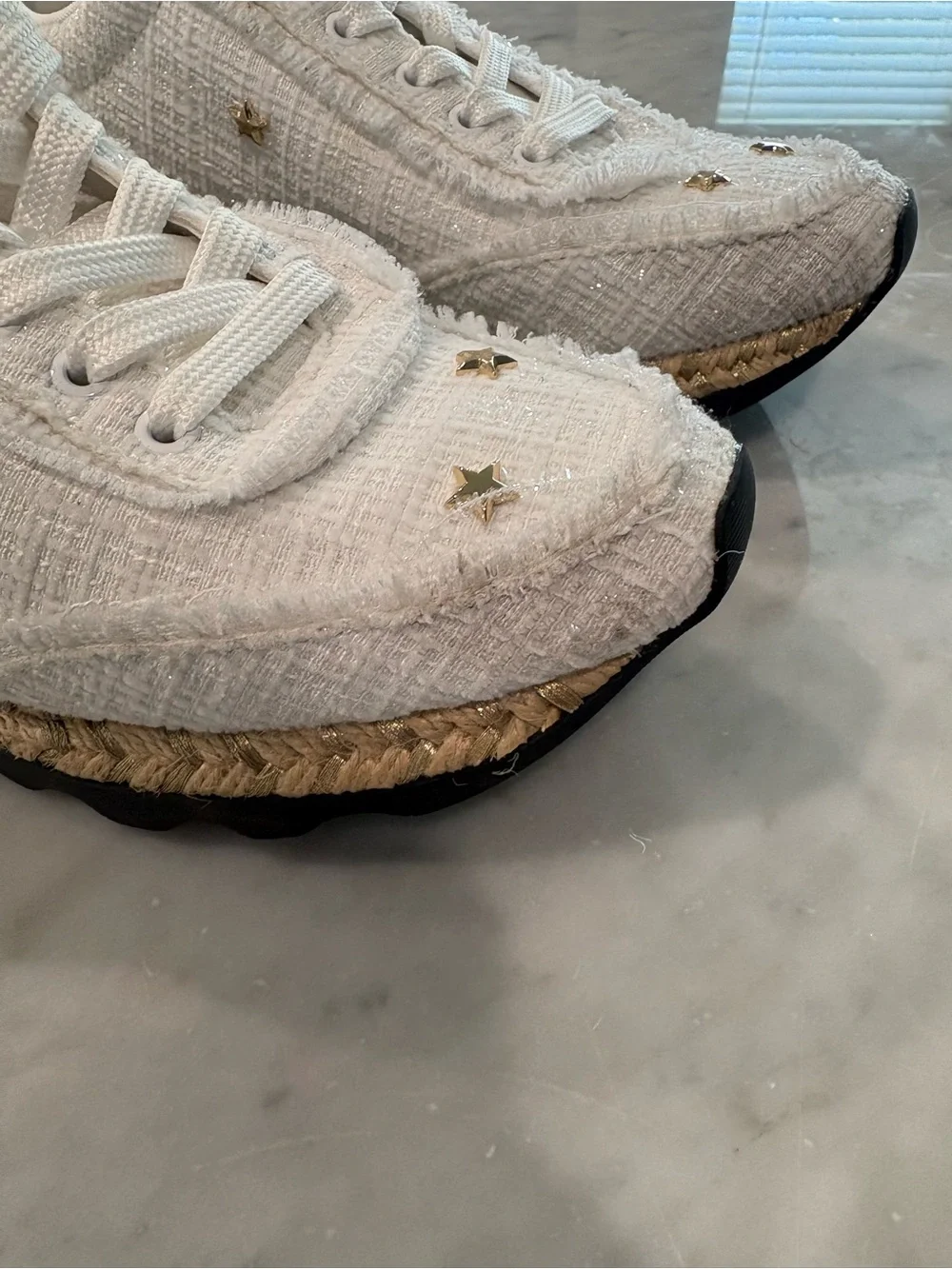 Karl Lagerfeld Paris Meaza Tweed Star Espadrille Sneakers White Gold - Size 7.5